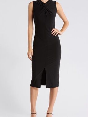 Sam Edelman Black Sleeveless Twist-Neck Midi Dress with Front Slit